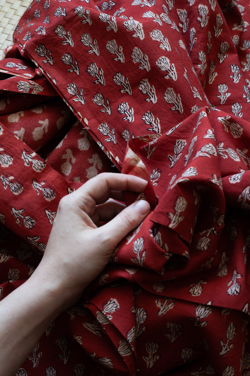 Block Printed Indian Cotton, vegetable + clay dyed- lac blossom