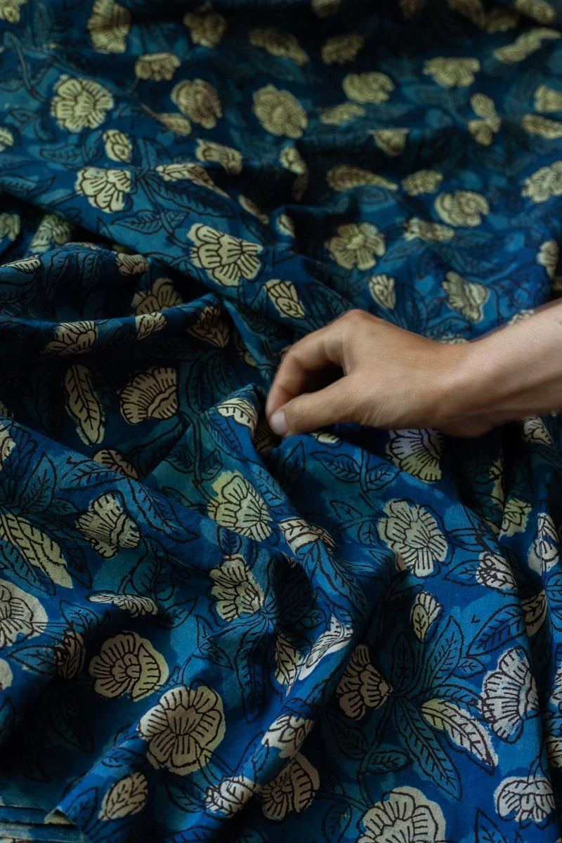 Block Printed Indian Cotton, vegetable + clay dyed- Indigo Garden