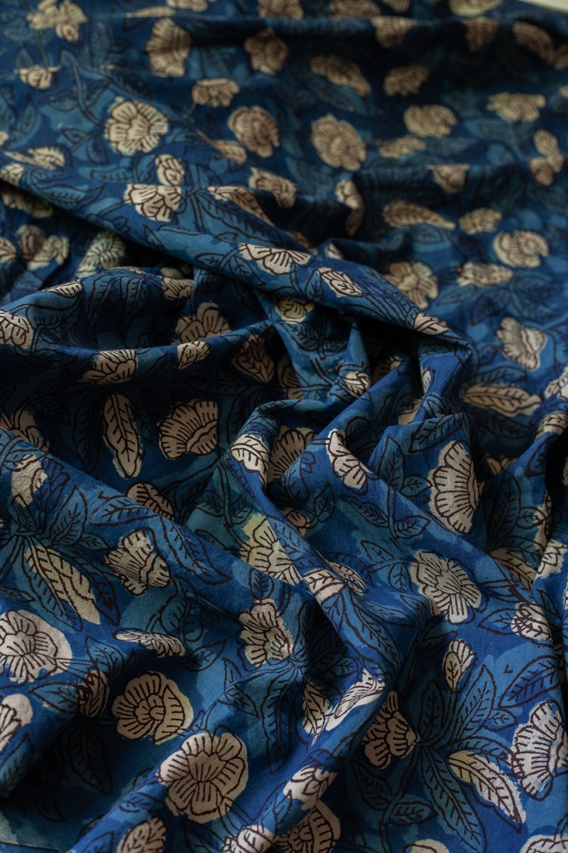 Block Printed Indian Cotton, vegetable + clay dyed- Indigo Garden