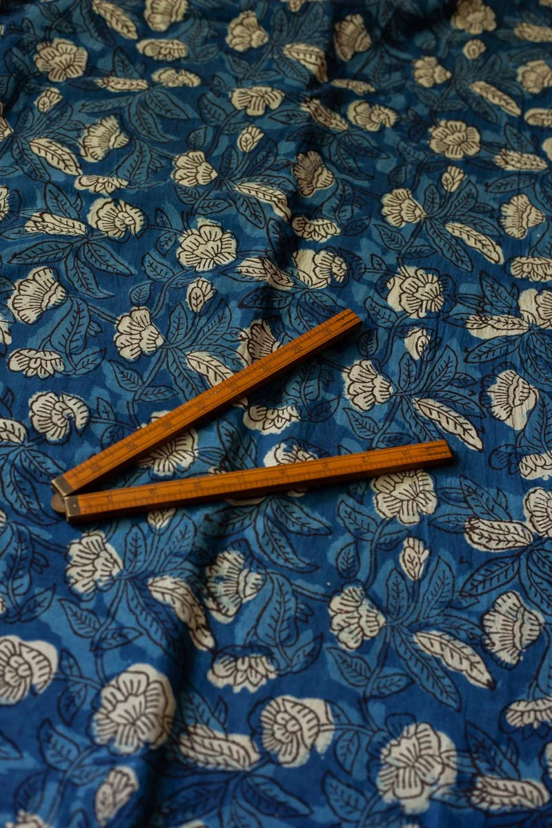 Block Printed Indian Cotton, vegetable + clay dyed- Indigo Garden
