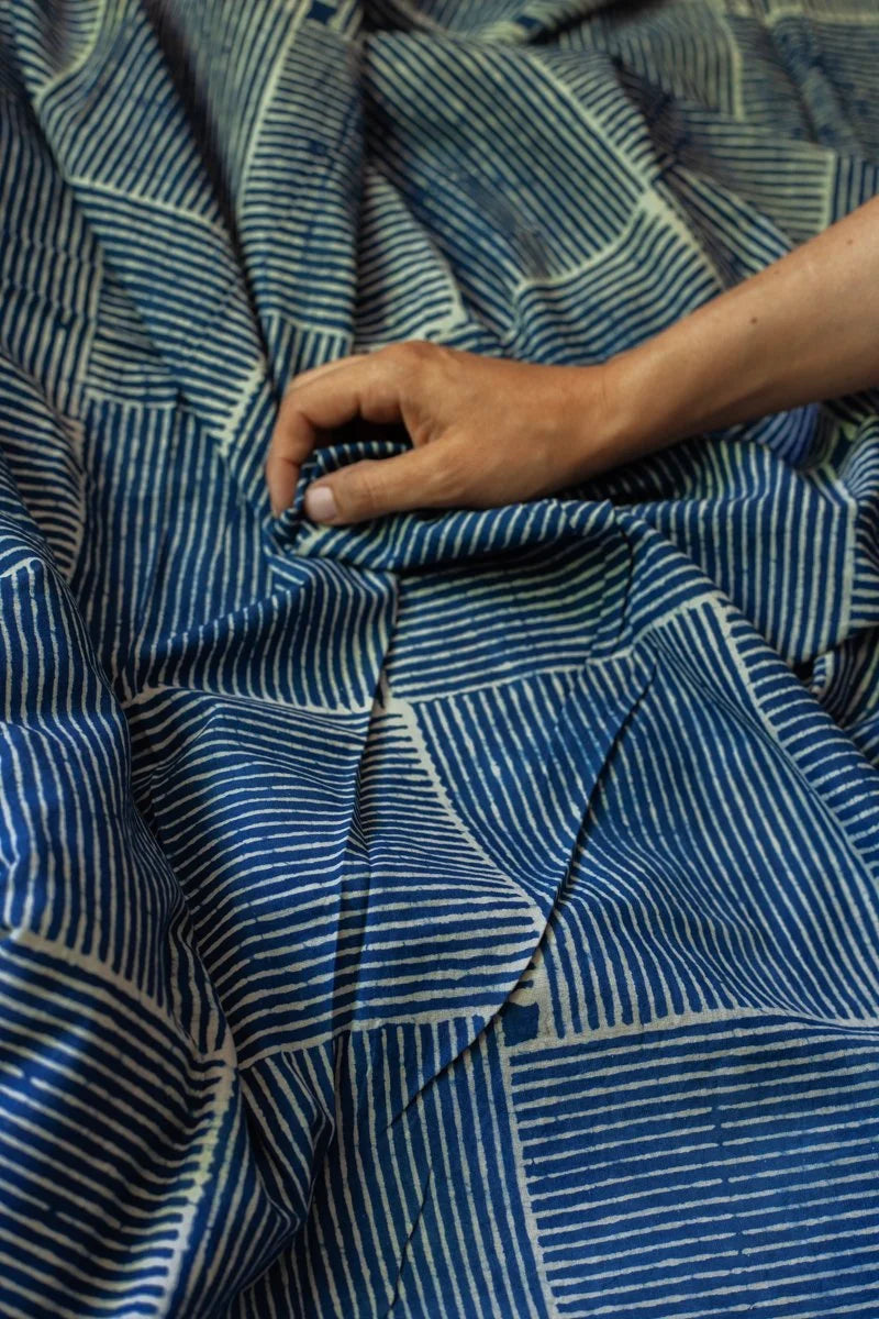 Block Printed Indian Cotton, vegetable + clay dyed- Indigo Basketweave