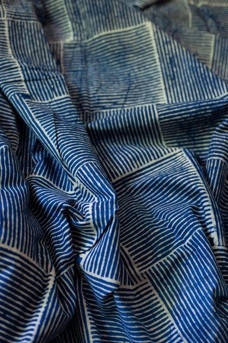 Block Printed Indian Cotton, vegetable + clay dyed- Indigo Basketweave