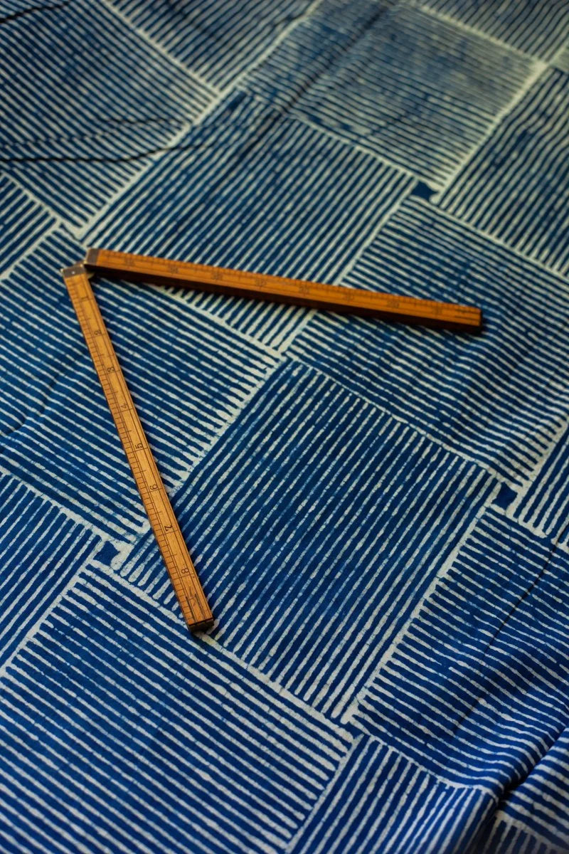 Block Printed Indian Cotton, vegetable + clay dyed- Indigo Basketweave