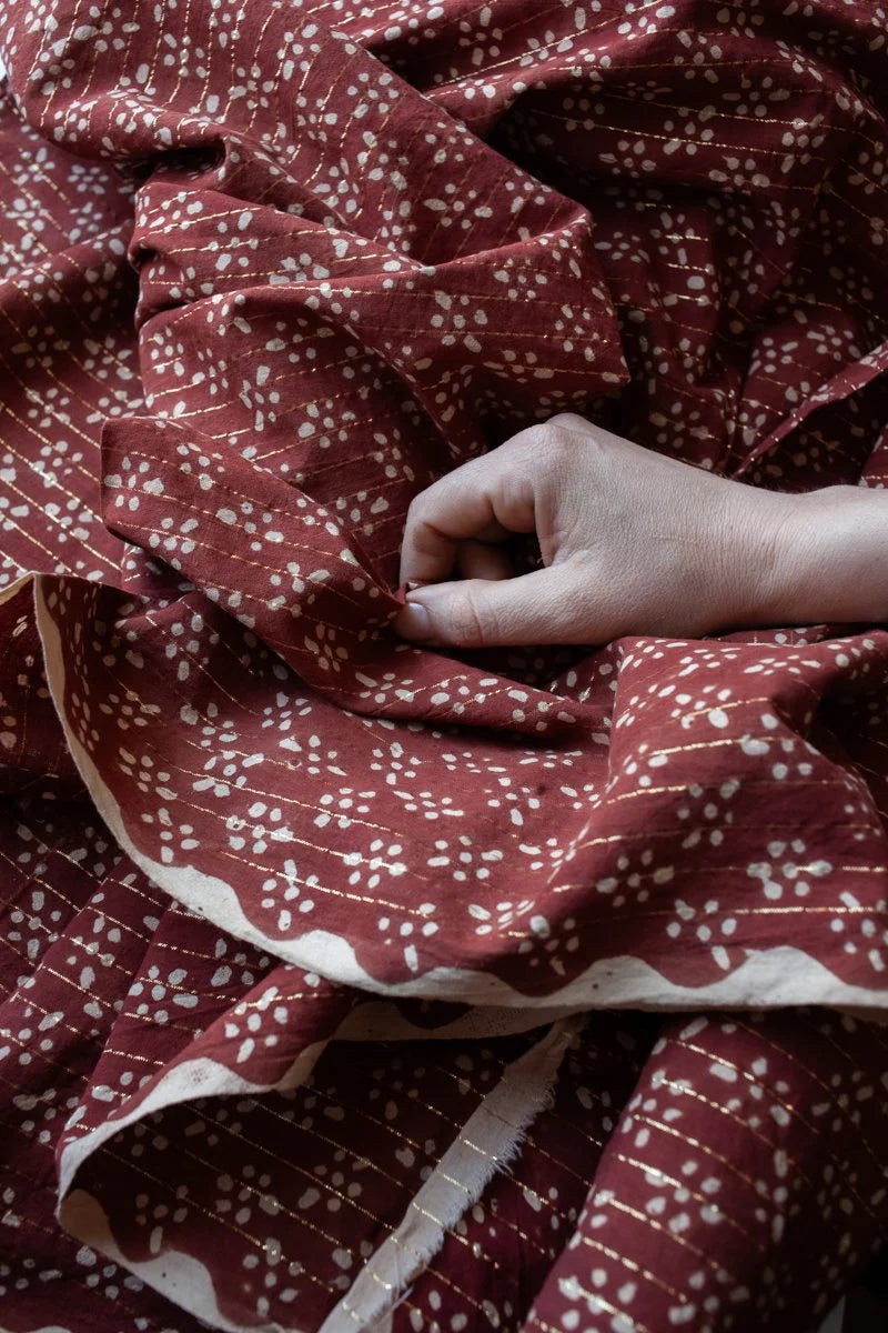 Block Printed Organic Cotton Lurex, veg dyed- clay floral