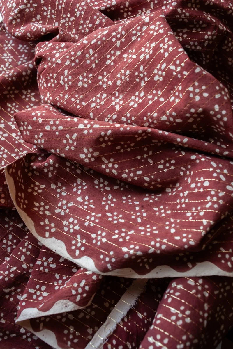 Block Printed Organic Cotton Lurex, veg dyed- clay floral