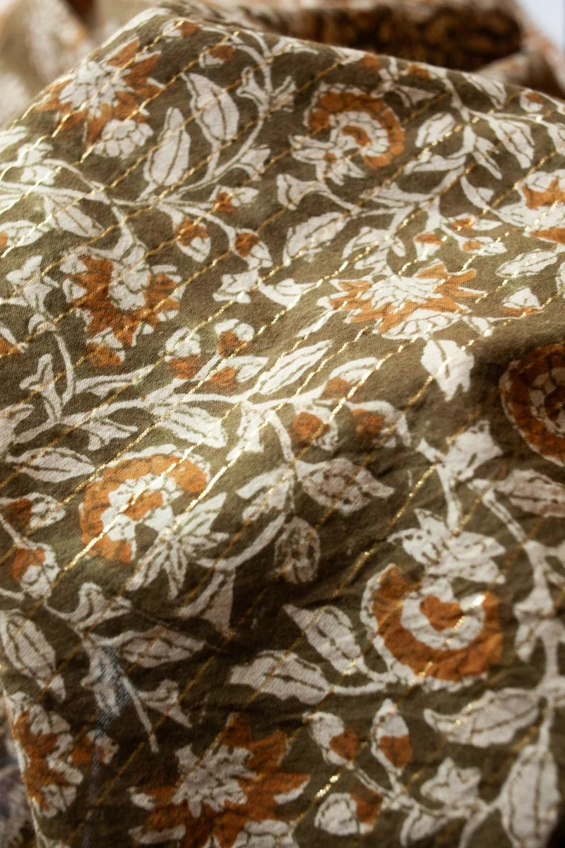 Block Printed Organic Cotton Lurex, veg dyed- Mehndi Floral