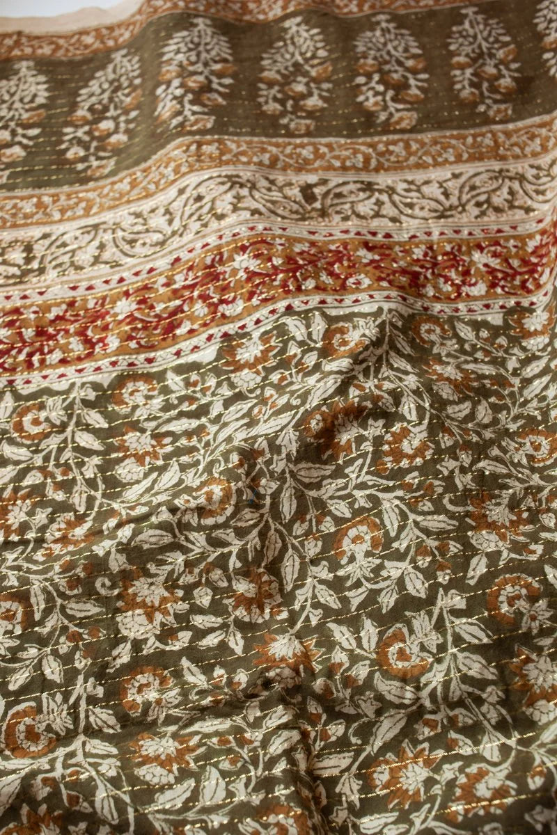 Block Printed Organic Cotton Lurex, veg dyed- Mehndi Floral