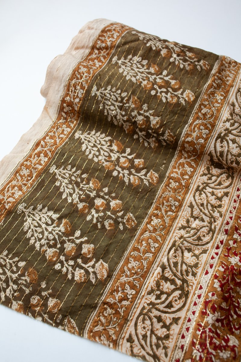Block Printed Organic Cotton Lurex, veg dyed- Mehndi Floral