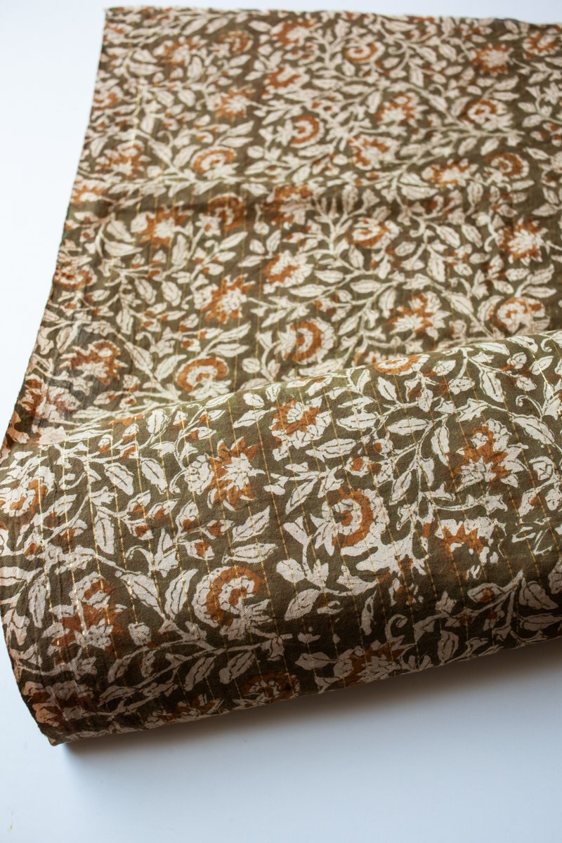 Block Printed Organic Cotton Lurex, veg dyed- Mehndi Floral