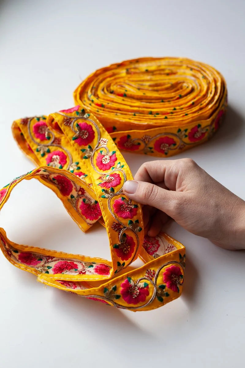 Vintage Embroidered golden yellow Floral Trim