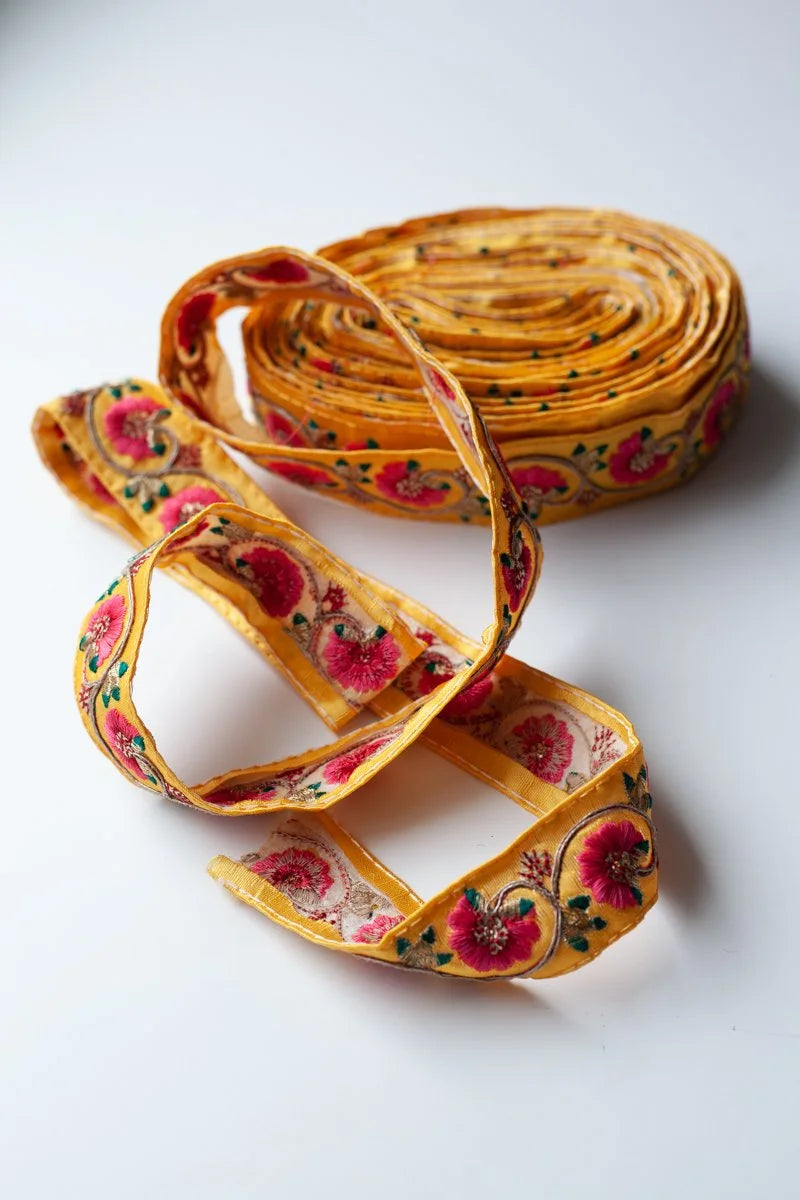 Vintage Embroidered golden yellow Floral Trim