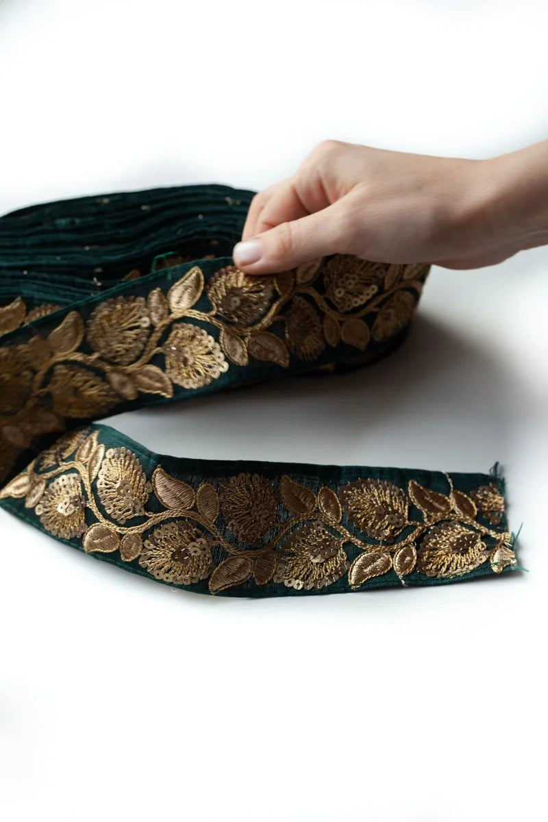 Vintage Embroidered Floral Sequin Trim GREEN