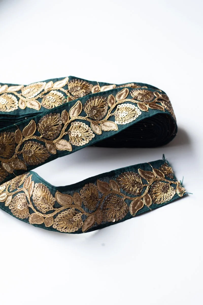 Vintage Embroidered Floral Sequin Trim GREEN
