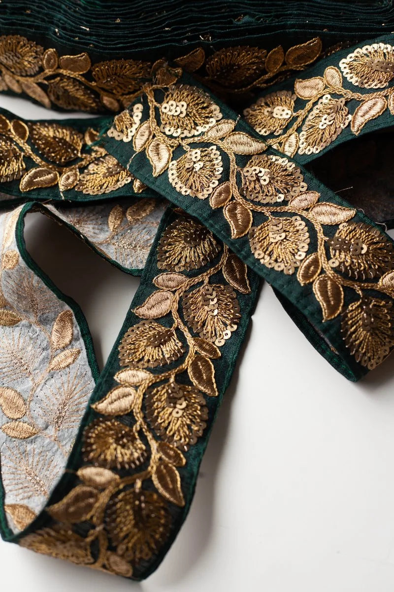 Vintage Embroidered Floral Sequin Trim GREEN