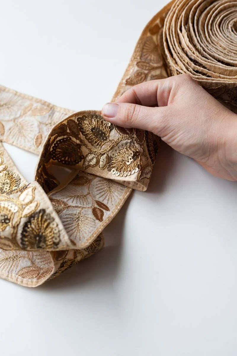 Vintage Embroidered Floral Sequin Trim GOLD