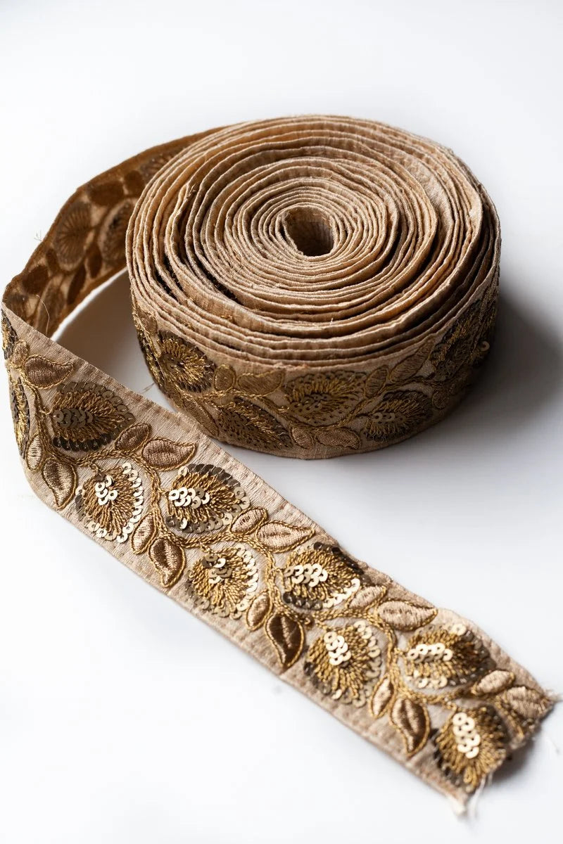 Vintage Embroidered Floral Sequin Trim GOLD