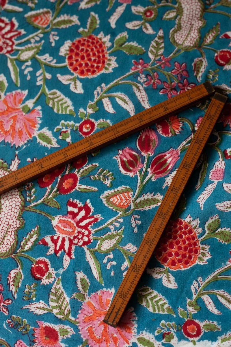 Block Printed Indian Cotton, vegetable + clay dyed- Blue Zinnias