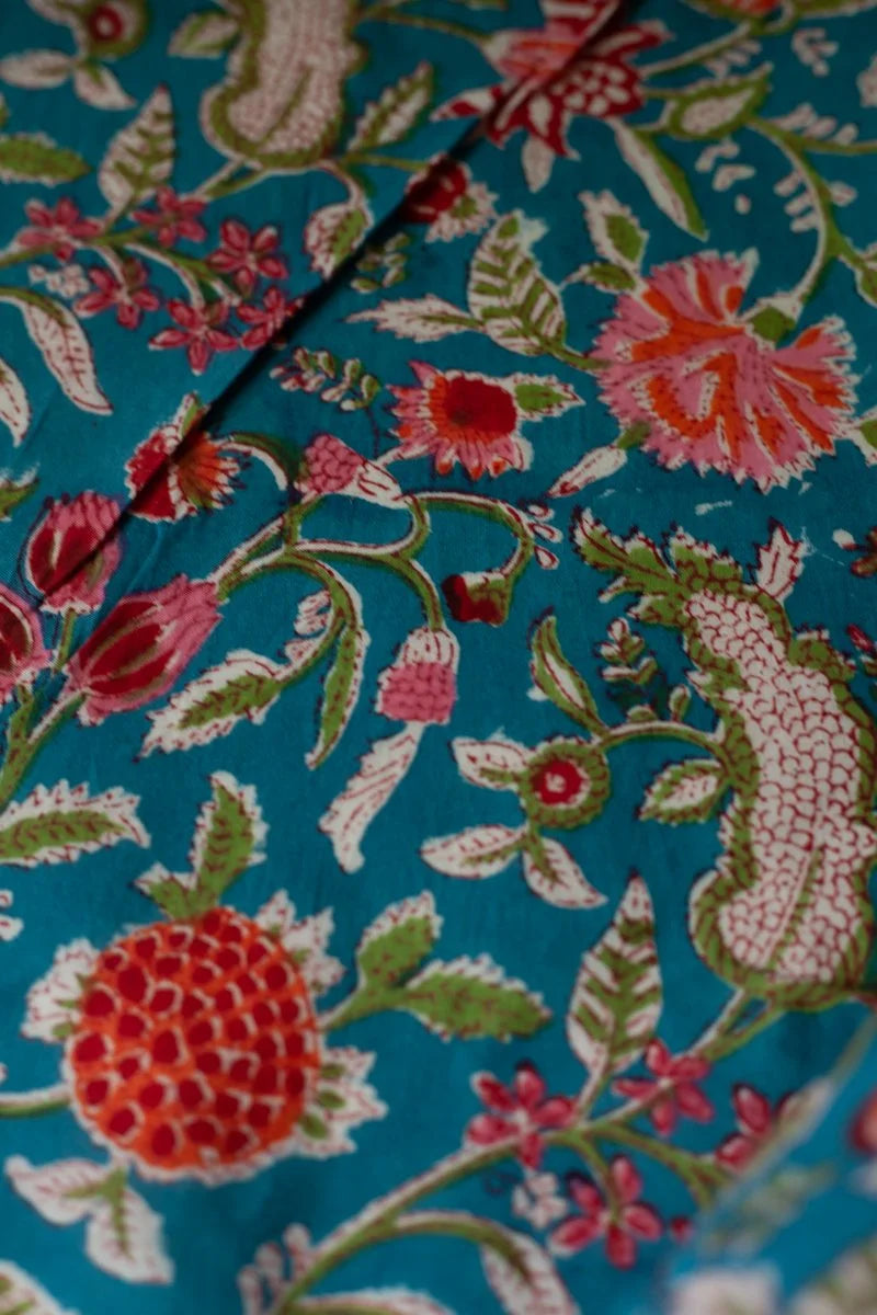 Block Printed Indian Cotton, vegetable + clay dyed- Blue Zinnias