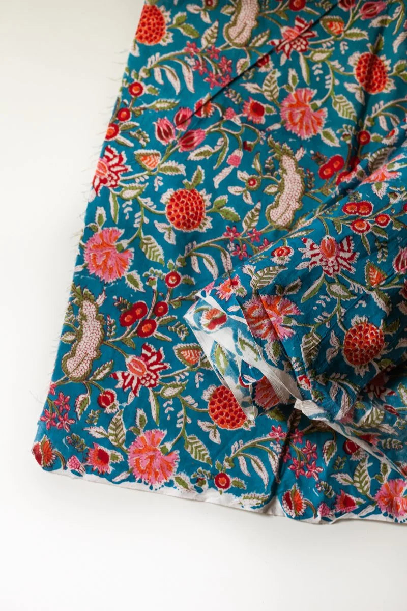 Block Printed Indian Cotton, vegetable + clay dyed- Blue Zinnias